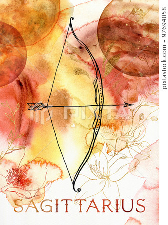 Watercolor poster of zodiak sign sagittarius. Hand painted abstract card isolated on white background. Minimalistic gold linear illustration for design, print, fabric or background. 97694058