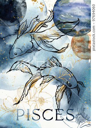 Watercolor poster of zodiak sign pisces. Hand painted abstract card isolated on white background. Minimalistic gold linear illustration for design, print, fabric or background. Watercolor poster of zodiak sign pisces. Hand painted abstract card isolated on white background. Minimalistic gold linear illustration for design, print, fabric or background. 97694060