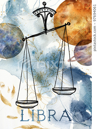 Watercolor poster of zodiak sign libra. Hand painted abstract card isolated on white background. Minimalistic gold linear illustration for design, print, fabric or background. Watercolor poster of zodiak sign libra. Hand painted abstract card isolated on white background. Minimalistic gold linear illustration for design, print, fabric or background. 97694061