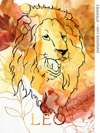 Watercolor poster of zodiak sign leo. Hand painted abstract card with lion isolated on white background. Minimalistic gold linear illustration for design, print, fabric or background. Watercolor poster of zodiak sign leo. Hand painted abstract card with lion isolated on white background. Minimalistic gold linear illustration for design, print, fabric or background. 97694062