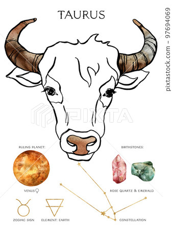 Watercolor zodiac poster of composition taurus sign. Hand painted abstract card isolated on white background. Minimalistic gold linear illustration for design, print, fabric or background. Watercolor zodiac poster of composition taurus sign. Hand painted abstract card isolated on white background. Minimalistic gold linear illustration for design, print, fabric or background. 97694069