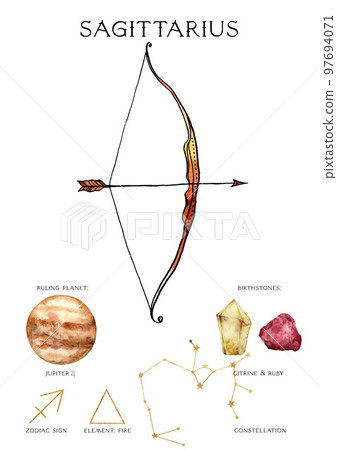 Watercolor zodiac poster of composition sagittarius sign. Hand painted abstract card isolated on white background. Minimalistic gold linear illustration for design, print, fabric or background. 97694071