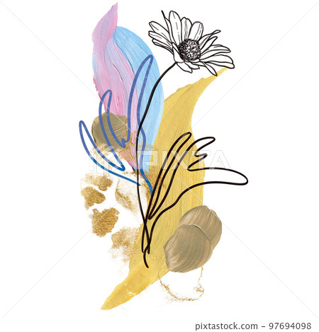 Watercolor and acrylic floral bouquet of abstract spots and linear chamomile. Hand painted minimalistic flower illustration isolated on white background. Card for design, print, fabric or background. Watercolor and acrylic floral bouquet of abstract spots and linear chamomile. Hand painted minimalistic flower illustration isolated on white background. Card for design, print, fabric or background. 97694098