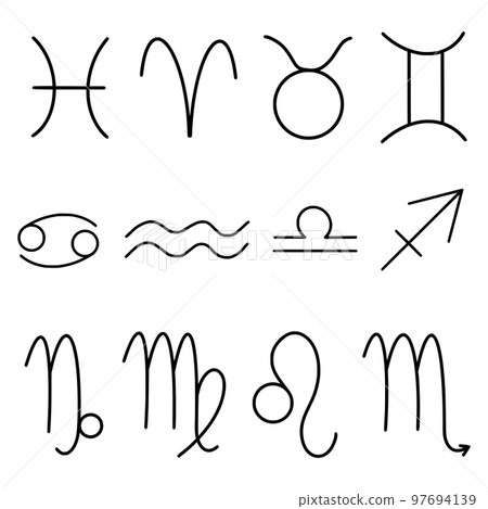 Vector linear set of zodiac signs. Hand painted abstract astronomy elements isolated on white background. Illustration for design, print, fabric or background. Vector linear set of zodiac signs. Hand painted abstract astronomy elements isolated on white background. Illustration for design, print, fabric or background. 97694139