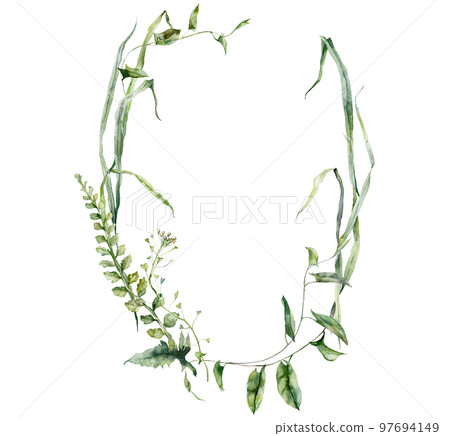 Watercolor meadow flowers wreath of geranium, bindweed, cypress and epilobium. Hand painted floral card of wildflowers isolated on white background. Illustration for design, print, background. Watercolor meadow flowers wreath of geranium, bindweed, cypress and epilobium. Hand painted floral card of wildflowers isolated on white background. Illustration for design, print, background. 97694149