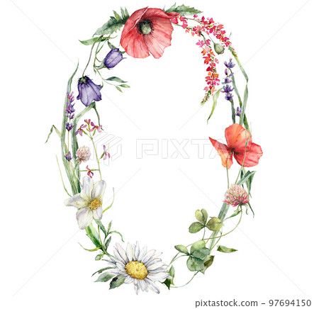 Watercolor meadow flowers wreath of poppy, chamomile, buttercup, campanula and sage. Hand painted floral card of wildflowers isolated on white background. Illustration for design, print, background. Watercolor meadow flowers wreath of poppy, chamomile, buttercup, campanula and sage. Hand painted floral card of wildflowers isolated on white background. Illustration for design, print, background. 97694150