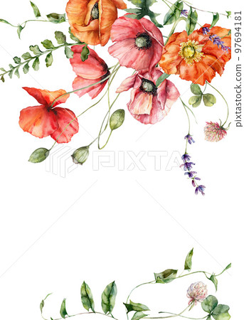 Watercolor meadow flowers border of poppy, geranium, lavender and clover. Hand painted floral frame of wildflowers isolated on white background. Holiday Illustration for design, print or background. Watercolor meadow flowers border of poppy, geranium, lavender and clover. Hand painted floral frame of wildflowers isolated on white background. Holiday Illustration for design, print or background. 97694181