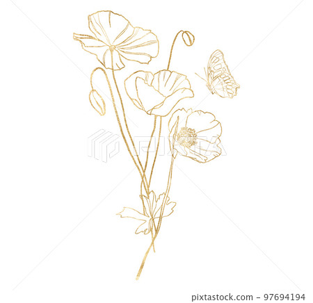 Watercolor meadow flowers bouquet of linear poppy and butterfly. Hand painted floral gold poster of wildflowers isolated on white background. Holiday Illustration for design, print, background. 97694194