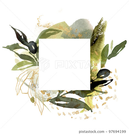 Watercolor square frame of black olives, leaves and gold branches. Hand drawn linear border of leaves and berries isolated on white background. Plant illustration for design, print or background. Watercolor square frame of black olives, leaves and gold branches. Hand drawn linear border of leaves and berries isolated on white background. Plant illustration for design, print or background. 97694199