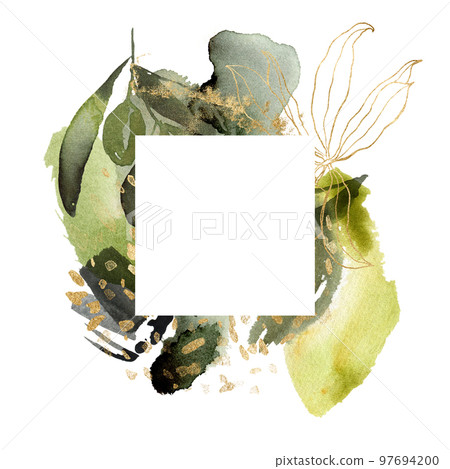 Watercolor square frame of black olives, gold leaves and branches. Hand drawn linear border of leaves and berries isolated on white background. Plant illustration for design, print or background. Watercolor square frame of black olives, gold leaves and branches. Hand drawn linear border of leaves and berries isolated on white background. Plant illustration for design, print or background. 97694200