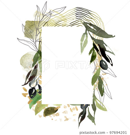 Watercolor vertical frame of black olive, gold leaves and branches. Hand drawn linear border of leaves and berries isolated on white background. Plant illustration for design, print or background. Watercolor vertical frame of black olive, gold leaves and branches. Hand drawn linear border of leaves and berries isolated on white background. Plant illustration for design, print or background. 97694201