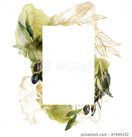 Watercolor vertical frame of gold and black olive branches. Hand drawn linear border of leaves and berries isolated on white background. Plant illustration for design, print, fabric or background. Watercolor vertical frame of gold and black olive branches. Hand drawn linear border of leaves and berries isolated on white background. Plant illustration for design, print, fabric or background. 97694202