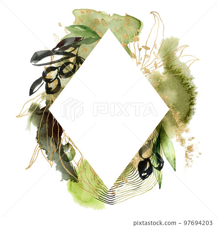 Watercolor rhombic frame of gold and black olive branches. Hand drawn linear border of leaves and berries isolated on white background. Plant illustration for design, print, fabric or background. Watercolor rhombic frame of gold and black olive branches. Hand drawn linear border of leaves and berries isolated on white background. Plant illustration for design, print, fabric or background. 97694203
