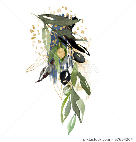 Watercolor card of black and gold olives, branches and linear leaves. Hand painted nature composition isolated on white background. Plants illustration for design, print, fabric or background. 97694204
