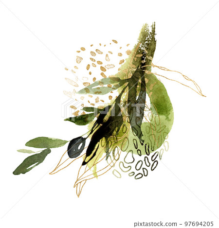 Watercolor card of black olives, linear branches and gold leaves. Hand painted nature composition isolated on white background. Plants illustration for design, print, fabric or background. Watercolor card of black olives, linear branches and gold leaves. Hand painted nature composition isolated on white background. Plants illustration for design, print, fabric or background. 97694205