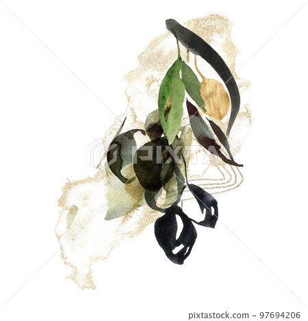 Watercolor card of black olives, gold branches and leaves. Hand painted nature composition isolated on white background. Plants illustration for design, print, fabric or background. 97694206
