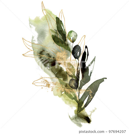Watercolor card of olives, gold branches and linear leaves. Hand painted nature composition isolated on white background. Plants illustration for design, print, fabric or background. 97694207