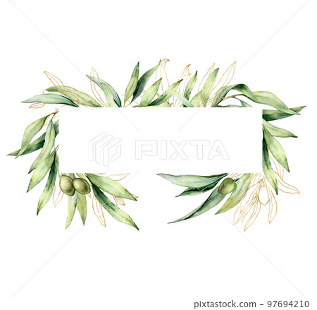 Watercolor horizontal frame of gold and green olive branches. Hand drawn linear border of leaves and berries isolated on white background. Plant illustration for design, print, fabric or background. Watercolor horizontal frame of gold and green olive branches. Hand drawn linear border of leaves and berries isolated on white background. Plant illustration for design, print, fabric or background. 97694210