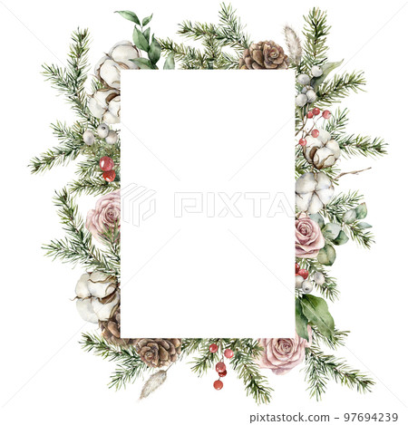 Watercolor Christmas frame of roses, spruce branches and pine cones. Hand painted holiday card of flowers, cottons and plants isolated on white background. Illustration for design, print, background. Watercolor Christmas frame of roses, spruce branches and pine cones. Hand painted holiday card of flowers, cottons and plants isolated on white background. Illustration for design, print, background. 97694239