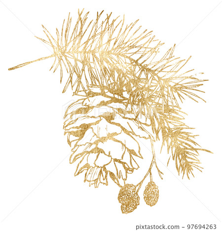Watercolor Christmas minimalistic bouquet of gold pine cone and spruce branch. Hand painted plant isolated on white background. Floral holiday illustration for design, print, fabric or background. 97694263