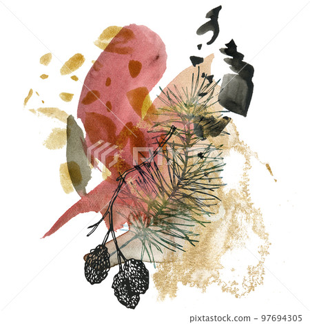 Watercolor Christmas minimalistic composition of spruce branch and alder. Hand painted plant isolated on white background. Floral holiday illustration for design, print, fabric or background. 97694305