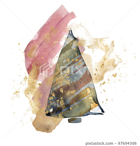 Watercolor abstract composition of Christmas tree gold spots. Hand painted winter plants isolated on white background. Floral holiday illustration for design, print or background. 97694306