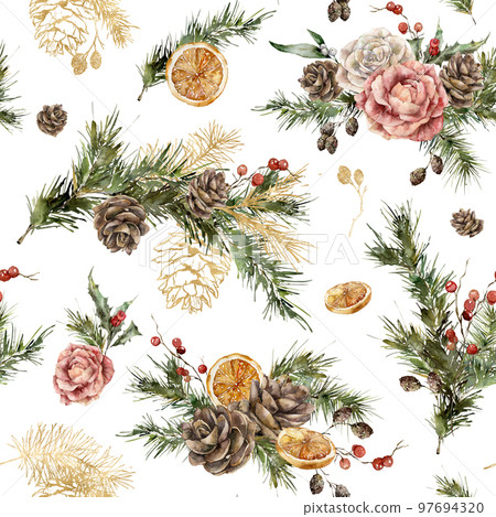 Watercolor Christmas seamless pattern of roses, gold pine cones and fir branches. Hand painted holiday flowers and plants isolated on white background. Illustration for design, print, background. 97694320