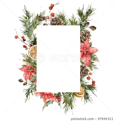 Watercolor Christmas vertical frame of poinsettia, spruce branches, cones and lemon. Hand painted holiday card of flowers isolated on white background. Illustration for design, print, background. 97694321
