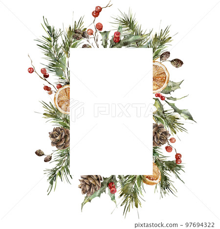 Watercolor Christmas vertical frame of spruce branches, lemon slices and pine cones. Hand painted winter plants isolated on white background. Holiday illustration for design, print or background. 97694322