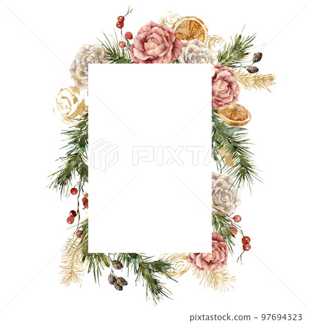 Watercolor Christmas vertical frame of gold roses, lemon slices, berries and fir branches. Hand painted holiday card isolated on white background. Plant Illustration for design, print, background. 97694323