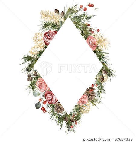 Watercolor Christmas rhombic frame of gold roses, berries and spruce branches. Hand painted winter plants isolated on white background. Holiday Illustration for design, print, background. Watercolor Christmas rhombic frame of gold roses, berries and spruce branches. Hand painted winter plants isolated on white background. Holiday Illustration for design, print, background. 97694333