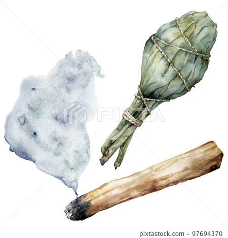 Watercolor incense set of palo santo and sage. Hand painted exotic bouquet of plant isolated on white background. Floral illustration for design, print, fabric or background. 97694370