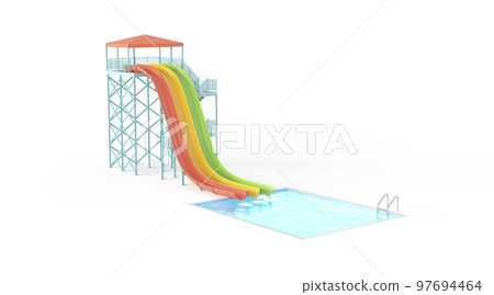 Blank colored multi-lane waterslide with swimming pool mockup, isolated 97694464