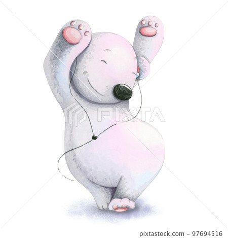 Cute bear listening music and dancing. Watercolor illustration. Cute bear listening music and dancing. Watercolor illustration. 97694516