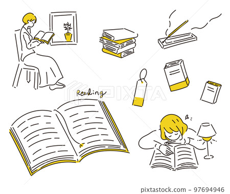 讀書的人和書籤的集合例證讀書 97694946