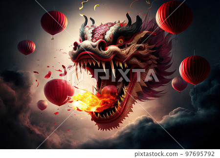 Traditional colorful chinese lion, Chinese paper means: good fortune. 97695792