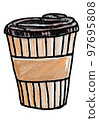 Paper cup with coffee or tea. Dice-box with hot drink. Image in cartoon style with contour. Food and hot drink. Isolated on white background 97695808