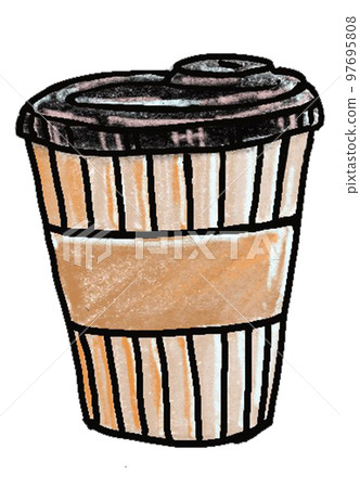 Paper cup with coffee or tea. Dice-box with hot drink. Image in cartoon style with contour. Food and hot drink. Isolated on white background 97695808