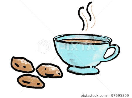 Coffee time drawn cartoon style, cup with hot drink, blue cup isolated on background Vector illustration 97695809