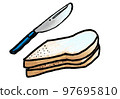 delicious bread with melted jam and bread knife with cartoon style 97695810
