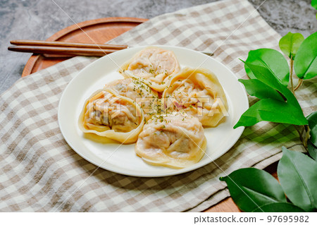 白盤上的韓國菜泡菜餃子菜 白盤上的韓國菜泡菜餃子菜 97695982