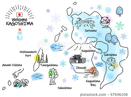 Simple line drawing illustration map of sightseeing spots in Kagoshima Prefecture in winter Simple line drawing illustration map of sightseeing spots in Kagoshima Prefecture in winter 97696206