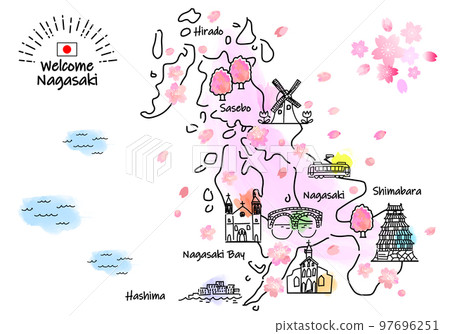 Simple line drawing illustration map of tourist spots in Nagasaki Prefecture in spring (pink) 97696251