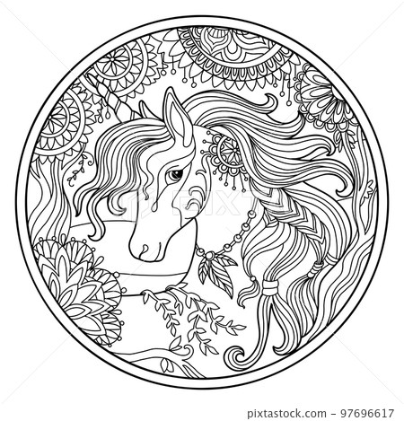 Head of unicorn in flowers round coloring vector illustration Head of unicorn in flowers round coloring vector illustration 97696617