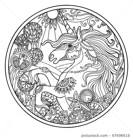 Portrait of unicorn in flowers round coloring vector illustration Portrait of unicorn in flowers round coloring vector illustration 97696618