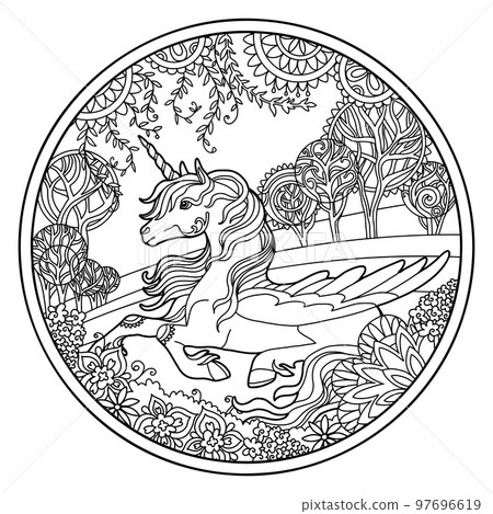 Pegasus in flowers round coloring vector illustration 97696619