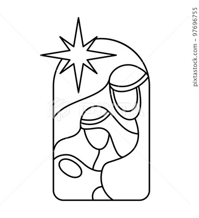 Vector Christmas Christian religious Nativity Scene of baby Jesus with Mary and Joseph with star. Logo icon illustration sketch. Doodle hand drawn with black lines Vector Christmas Christian religious Nativity Scene of baby Jesus with Mary and Joseph with star. Logo icon illustration sketch. Doodle hand drawn with black lines 97696755
