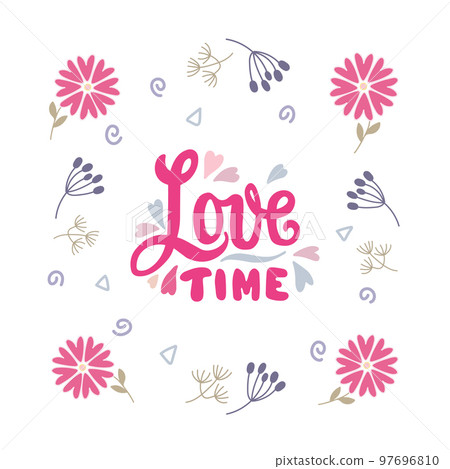 Hand drawn lettering Love Time with decorative design elements. 97696810