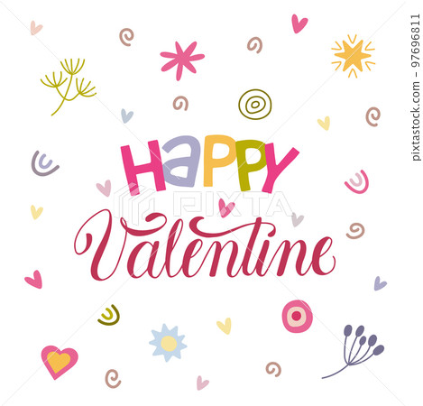 Hand drawn lettering Happy Valentine with decorative design elements. 97696811