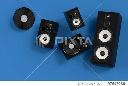 Set of Hi-fi speakers and DJ turntable for sound recording studio on blue. 97697686